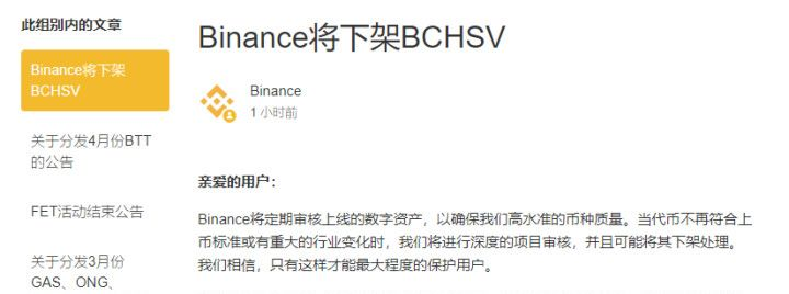 币安下架BSV