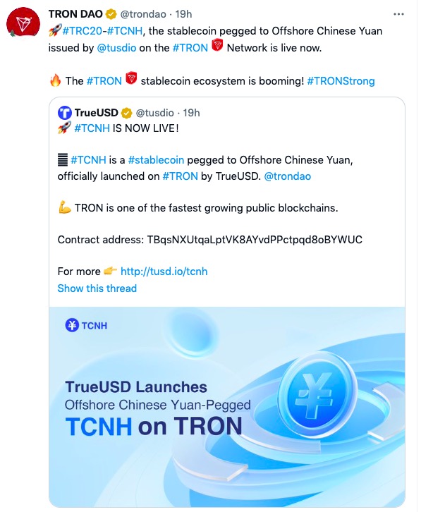 推出离岸人民币稳定币TCNH,TrueUSD和波场TRON的“快手式突围”