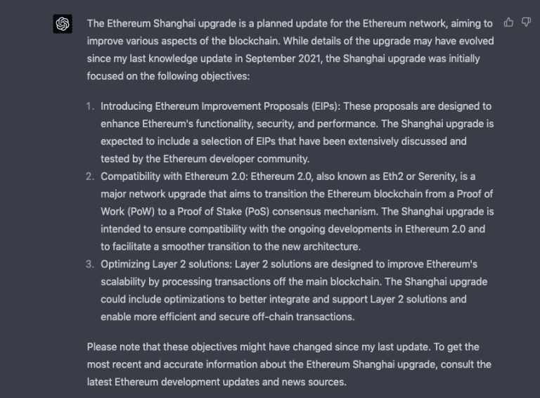 以太坊将进行上海升级,ChatGPT对于此次区块链重要里程碑有什么看法?