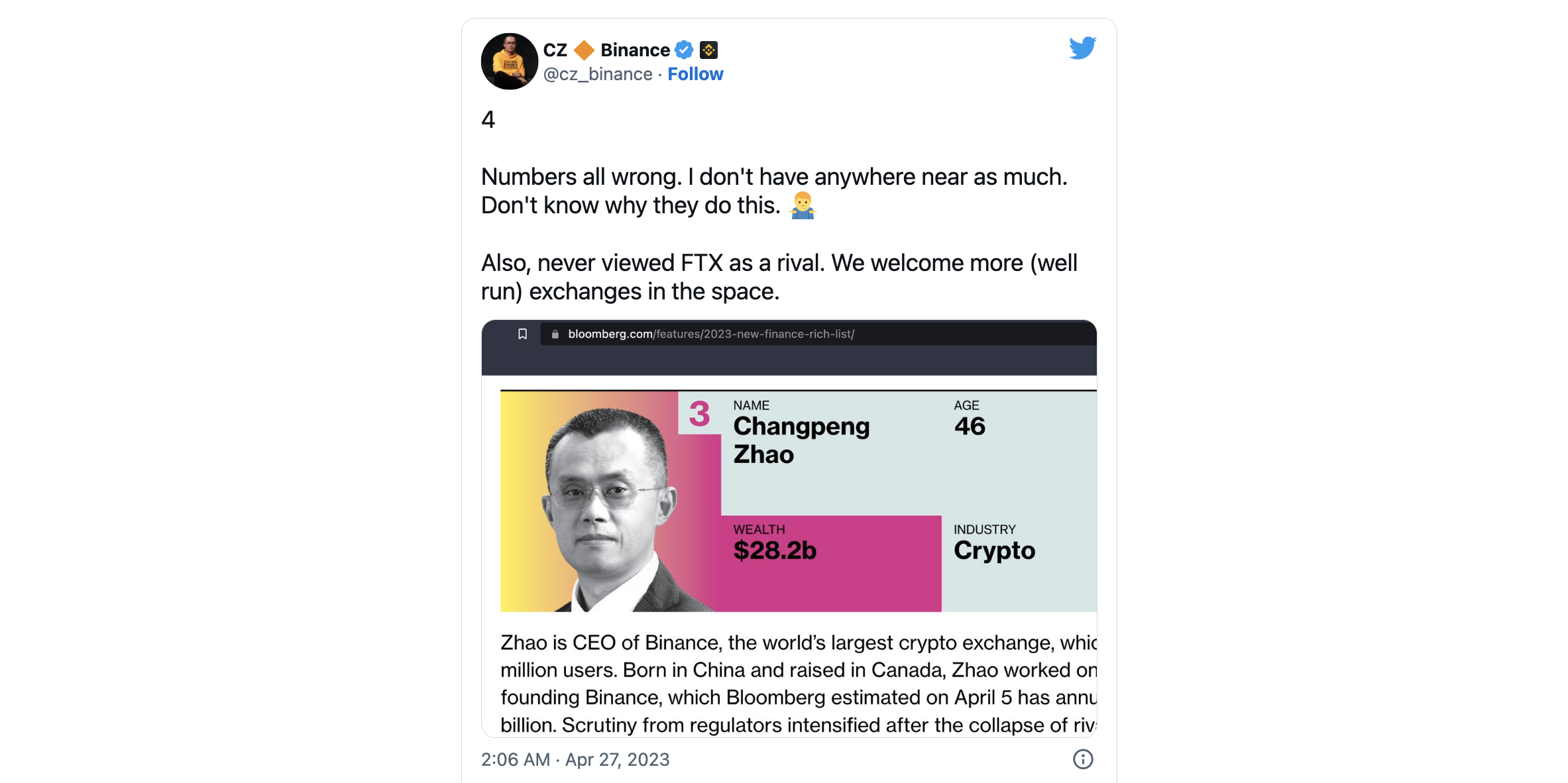 币安首席执行官否认拥有 28B 美元的财富:“我没有那么多”