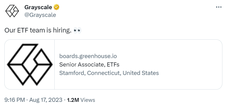 灰度在诉讼接近尾声时开始招兵买马，暗示现货BTC ETF即将登陆美国？