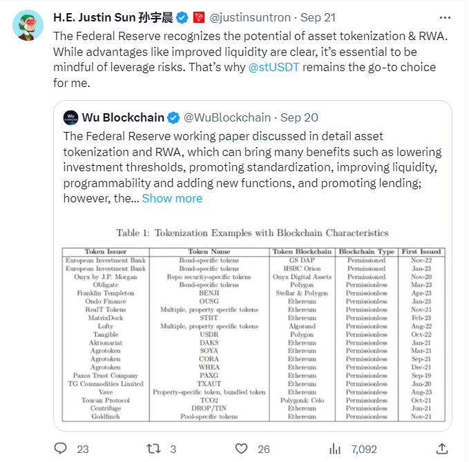 孙宇晨:RWA潜力已为主流金融监管机构认可,stUSDT兼具低杠杆风险特性