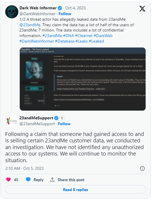 撞库攻击中从 23andMe 窃取的基因数据