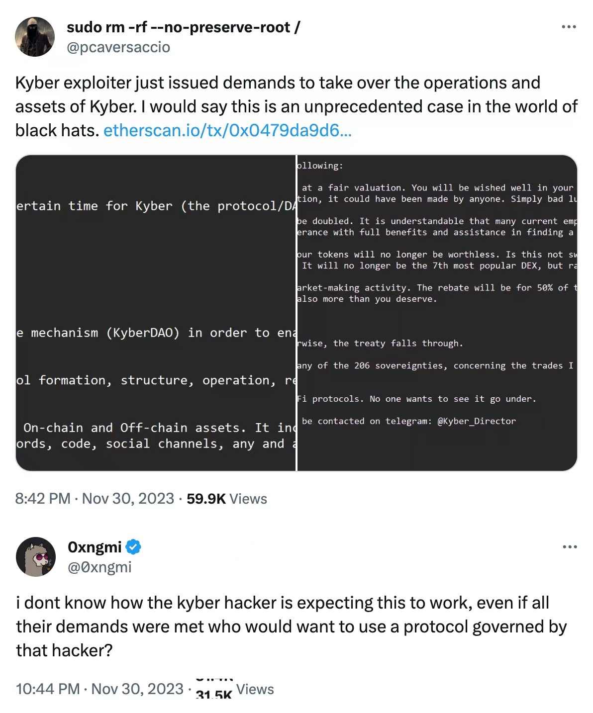 扬言要接管KyberSwap，加密史上「最硬气」的黑客留言