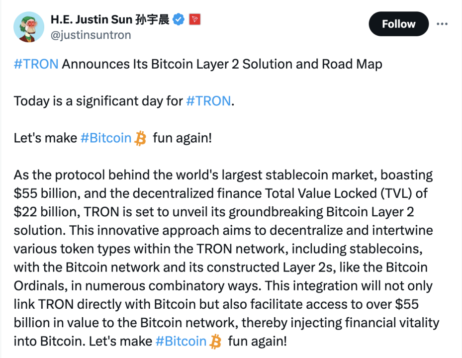 波场 TRON 的二次创业，孙哥高调入局 BTC L2