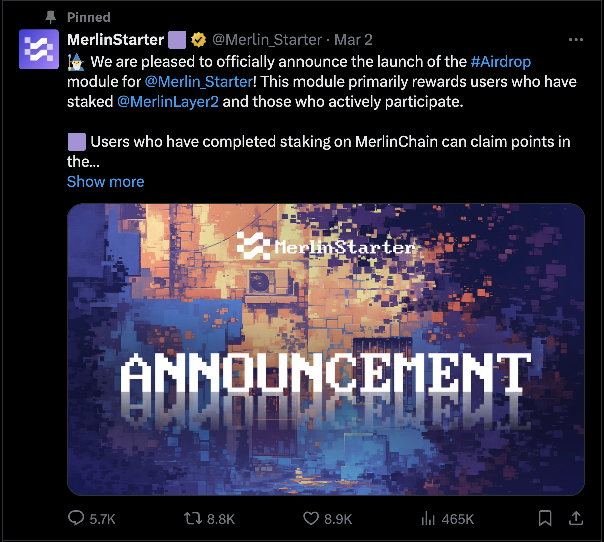 MerlinStarter启动，稳固Merlin Chain的BTC第一生态位