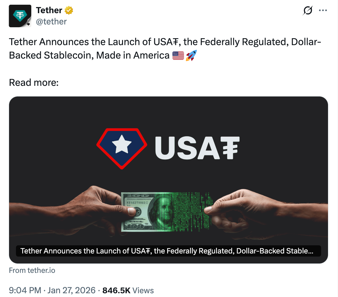 USAT 正式登场，XAUT 身价水涨船高，Tether手中「三叉戟」已初具雏形