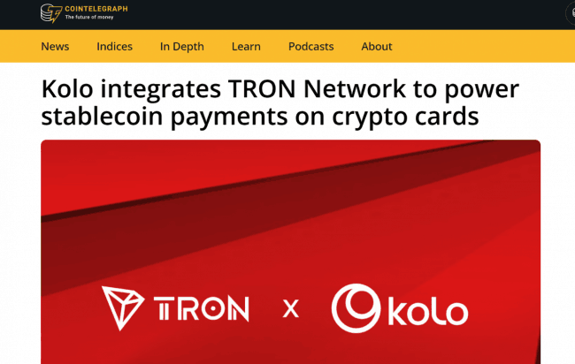 加密钱包Kolo集成波场TRON,为加密卡提供稳定币支付能力