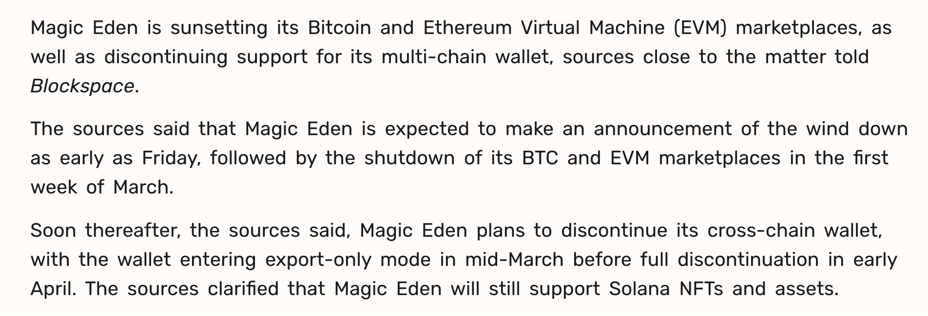 Magic Eden 舍弃「多链」:将关闭比特币与以太坊 EVM 交易平台,NF