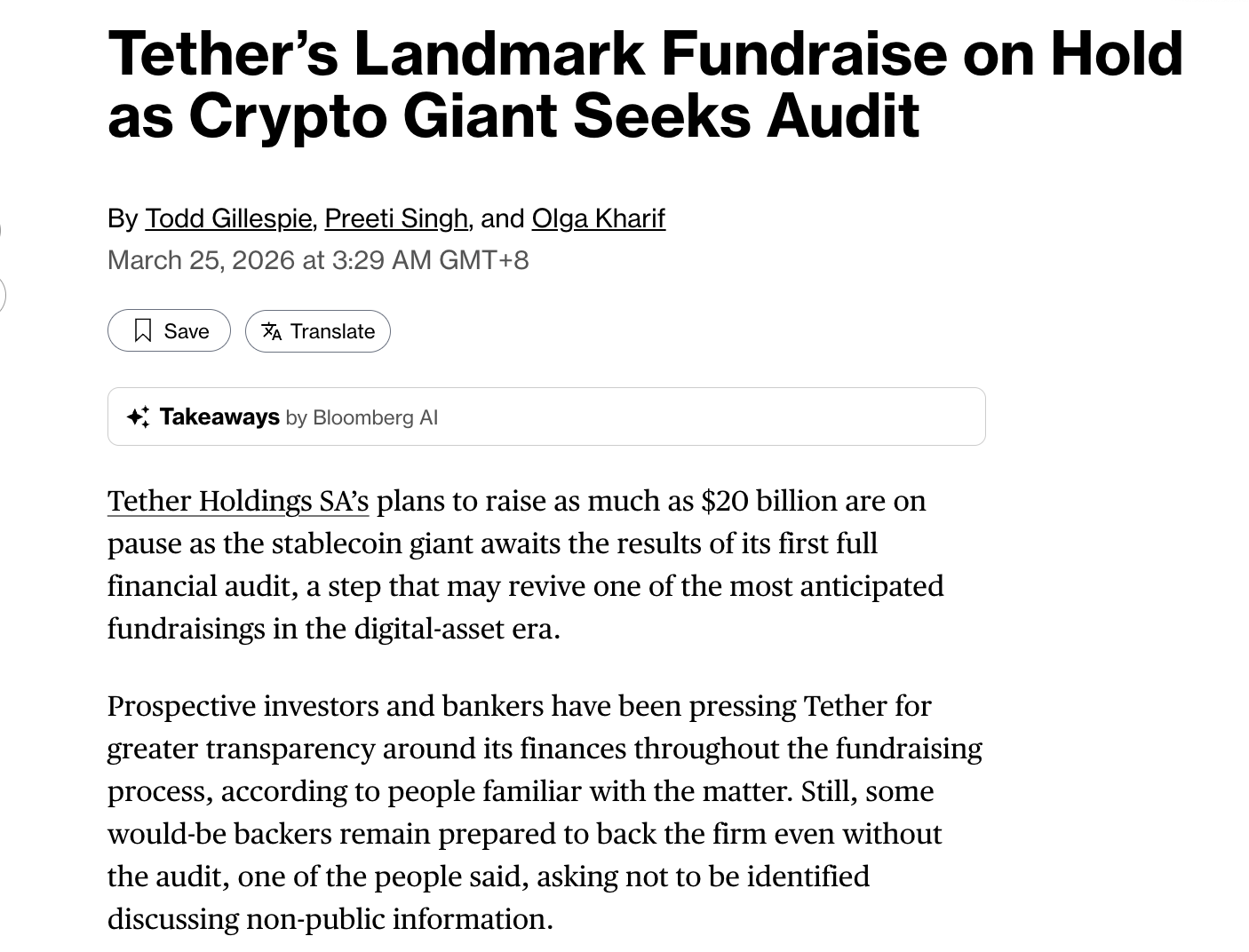 暂停 200 亿美元融资计划,启动首次全面审计,Tether 正在走向合规?
