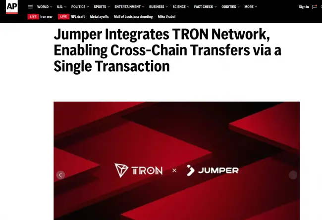 DeFi聚合平台Jumper集成波场TRON,实现一键式跨链资产转移