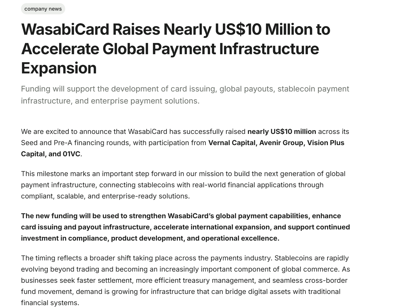Avenir Group下注WasabiCard：U卡退潮，稳定币支付更香了