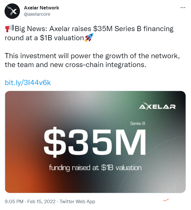 跨链互操作协议 Axelar 完成 3500 万美元融资，Dragonfly 和 Polychain等参投