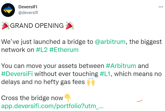 Layer 2交易协议DeversiFi宣布上线Arbitrum跨链桥