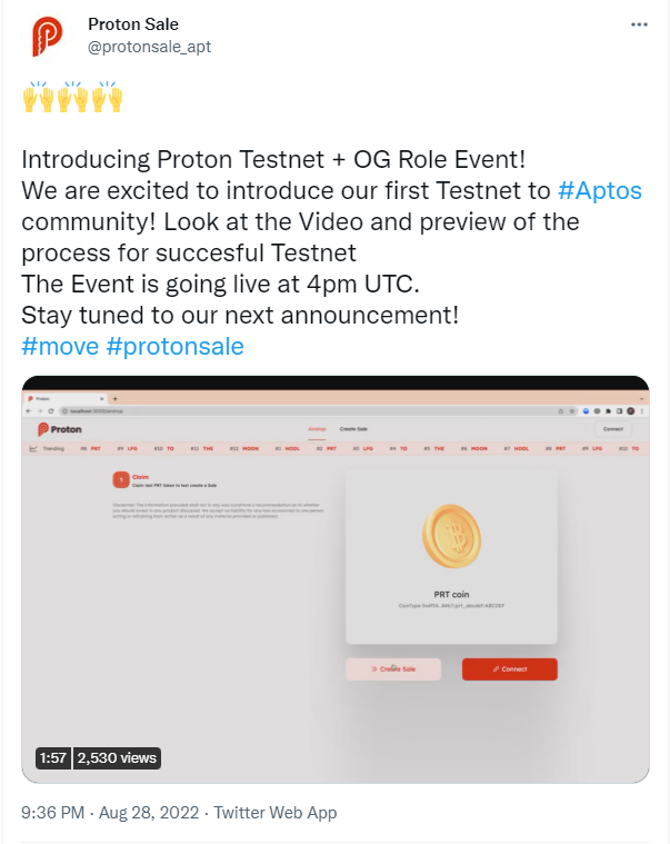 Aptos生态Launchpad Proton宣布上线测试网