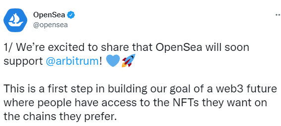 OpenSea：将新增支持以太坊Layer2扩容网络Arbitrum