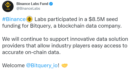 区块链数据公司BitQuery完成850万美元种子轮融资，Binance Labs领投