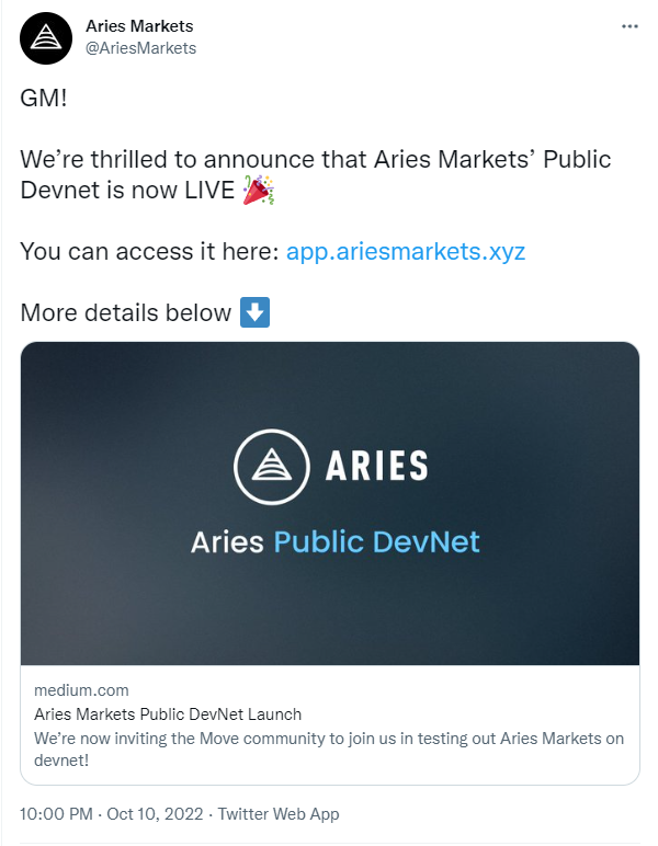 Aptos生态DEX Aries Markets公共测试网已上线