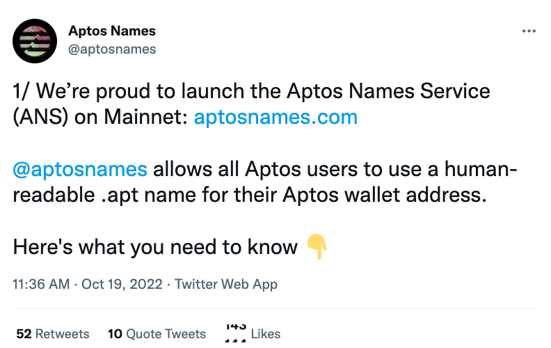 Aptos官方域名服务Aptos Name在Aptos主网上线