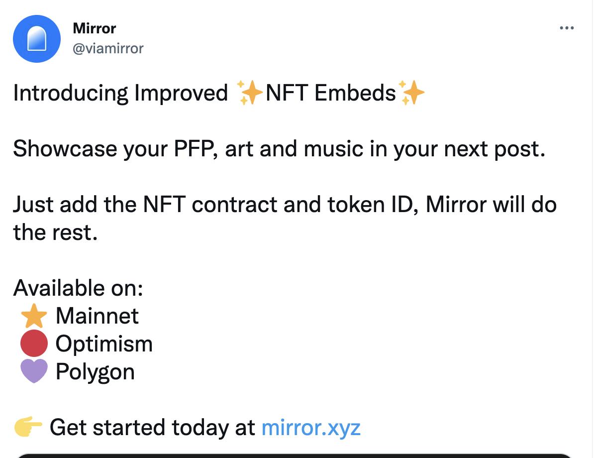 Mirror 已支持在文章中嵌入并展示 PFP、艺术和音乐类 NFT