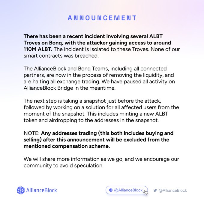 AllianceBlock计划铸造新ALBT Token并空投至受影响地址