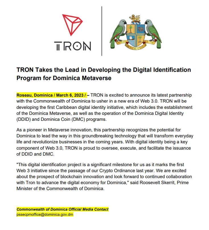 波场TRON将牵头多米尼克元宇宙数字身份项目开发