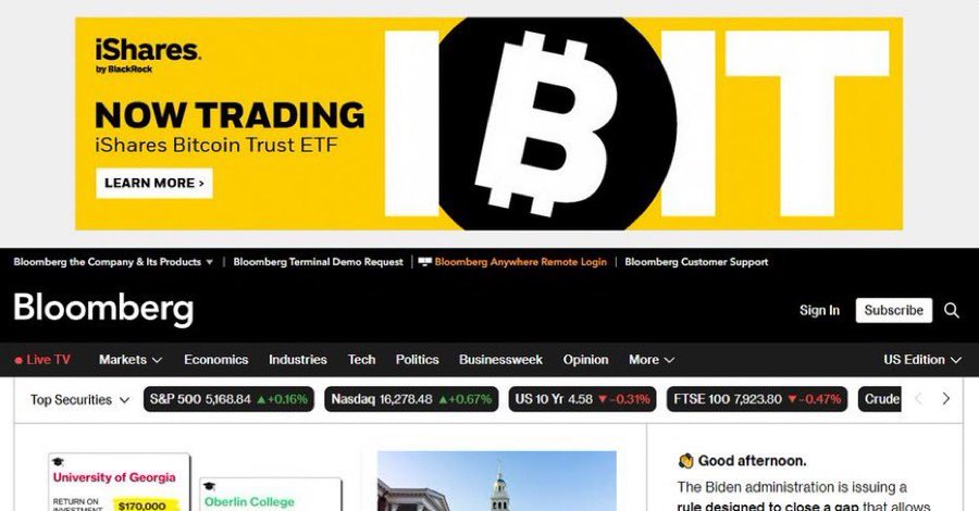 贝莱德在彭博社首页上启动 Bitcoin ETF 广告活动
