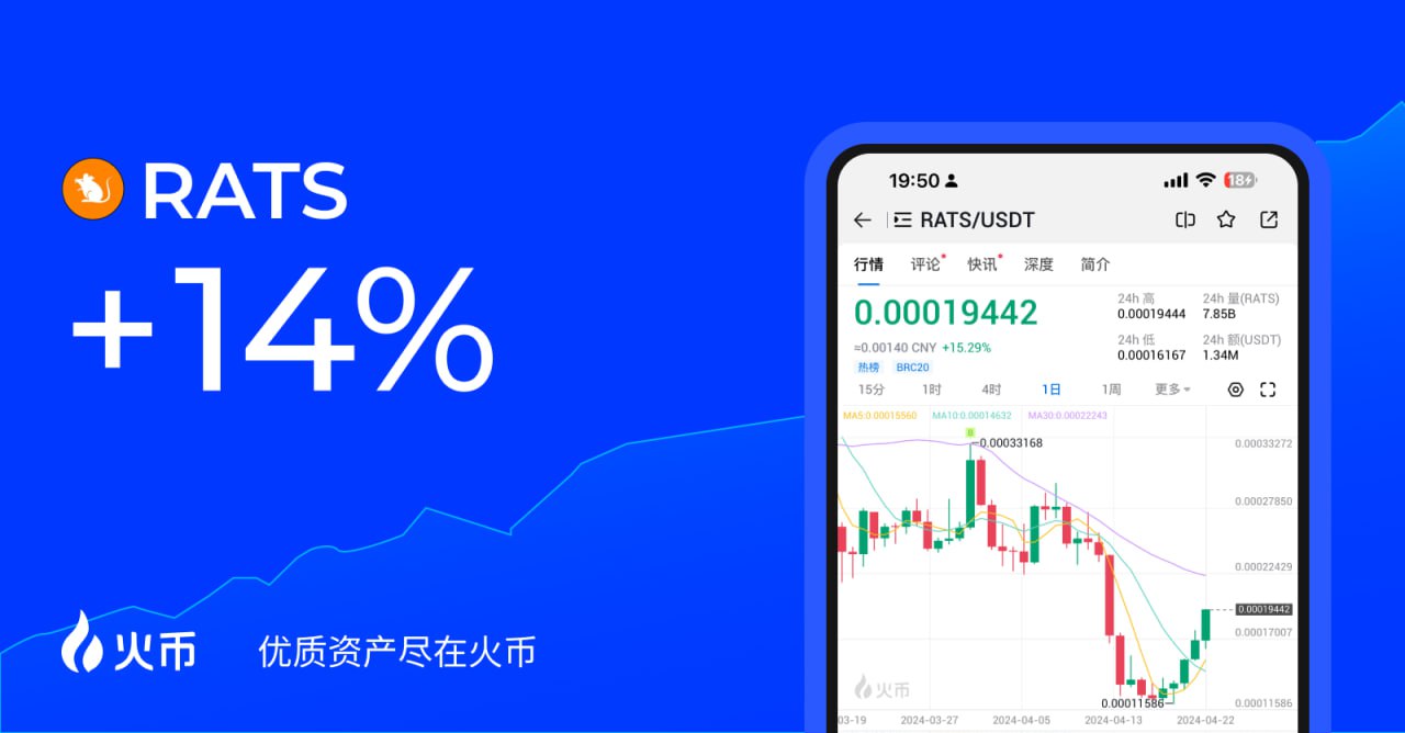 RATS 涨超 14%，现报 0.00019262 USDT