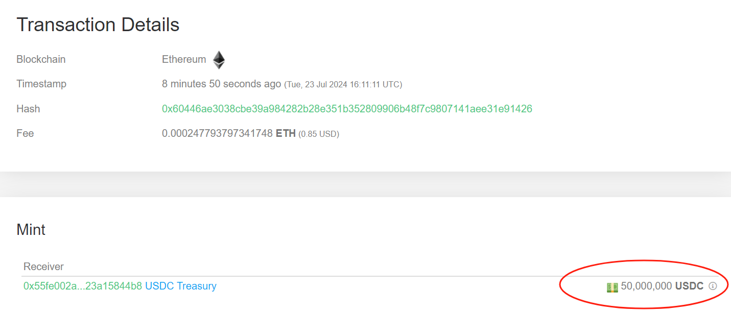 USDC Treasury完成5000万枚USDC铸造