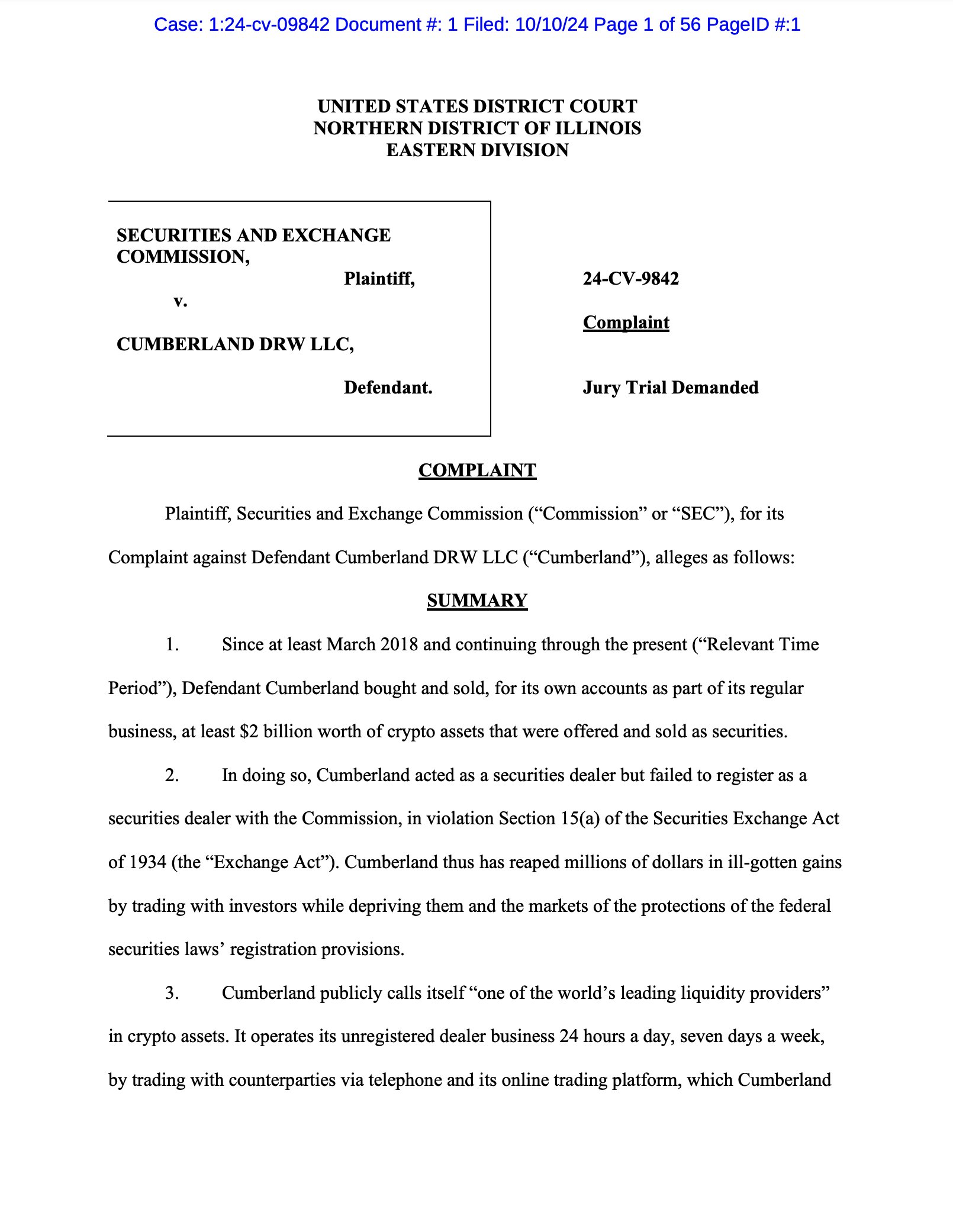 SEC已对 Cumberland DRW LLC 提起诉讼，指控其作为未注册证券交易商运营