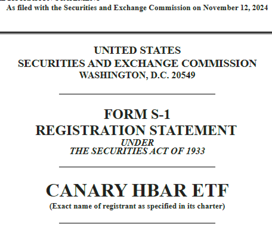 Canary提交HBAR ETF申请