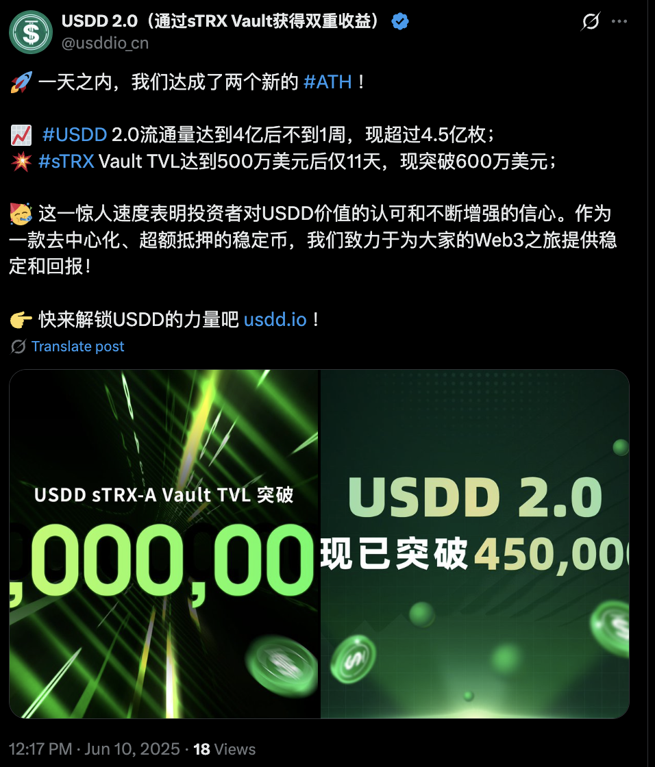USDD2.0流通量突破4.5亿，Vault TVL飙升至600万美元