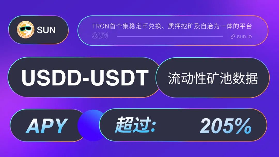 SUN平台全新智能矿池中USDD-USDTLP(活期+定期)最高APY超205%