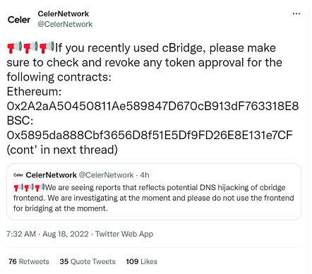 cBridge遭DNS 劫持攻击,已转移127 ETH到Tornado Cash
