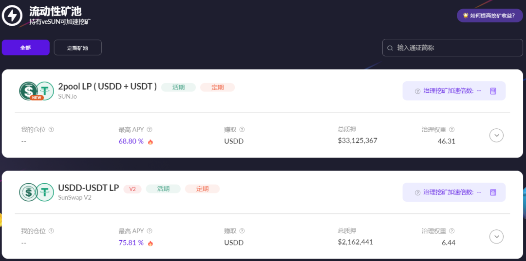 SUN平台智能矿池USDD-USDT LP（定期+活期）最高APY达75.81%