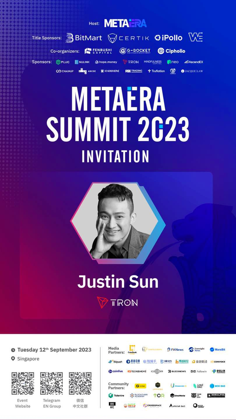 孙宇晨将于九月参加Meta Era Summit 2023