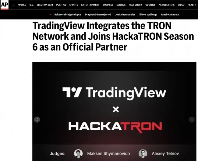 TradingView集成波场网络成黑客松第六季合作伙伴