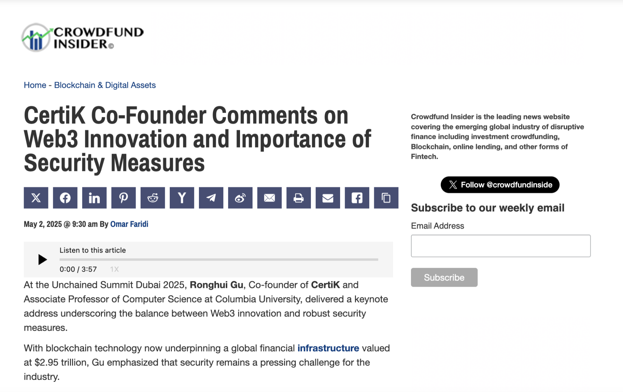Crowdfund Insider：CertiK联创顾荣辉解析Web3创新与安全