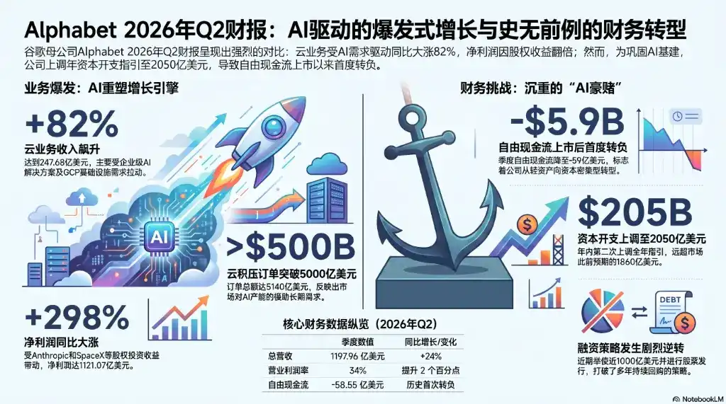 谷歌 Q2 自由现金流首次转负，上调全年资本开支至最高 2050 亿美元，云业务爆发 82% 增长