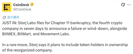 Storj Labs 申请 Chapter 11 破产，拟推 STORJ 代币换重组后股权 3