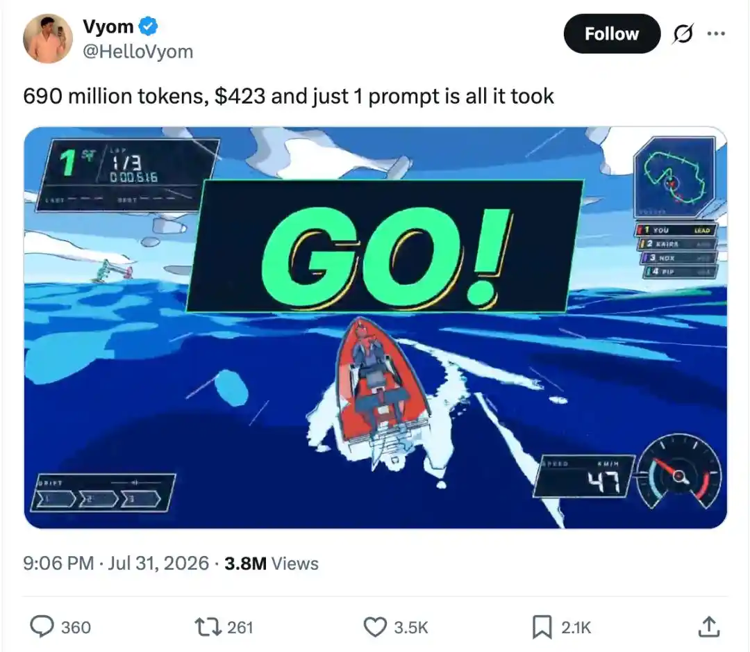 Opus 5 built a boat racing game with 690 million tokens, and a GPT-5.6 remake followed at about $5 3