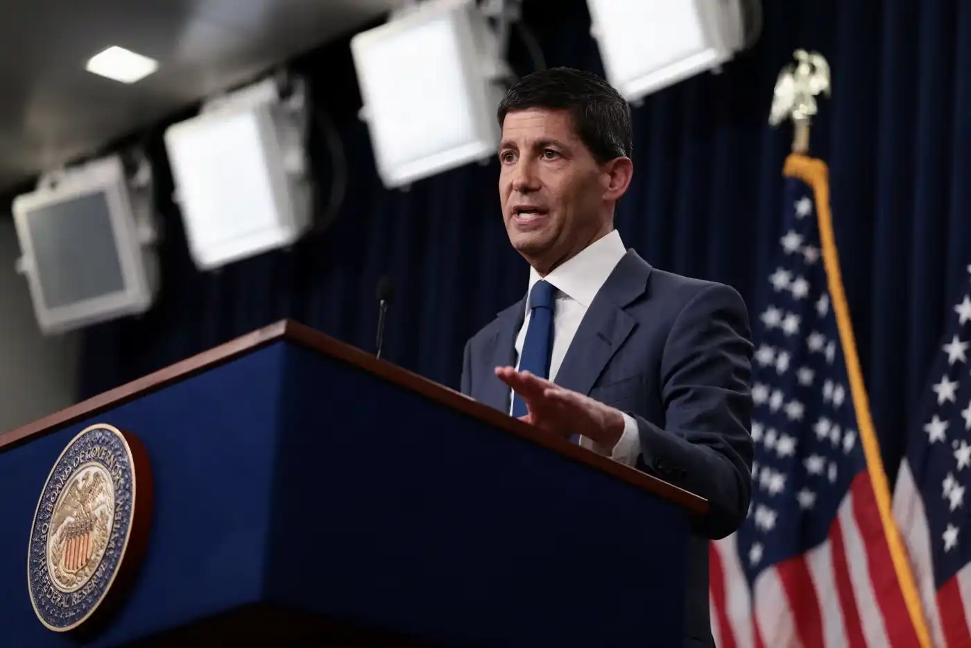 U.S. Federal Reserve Chairman Kevin Warsh speaking at a press conference.