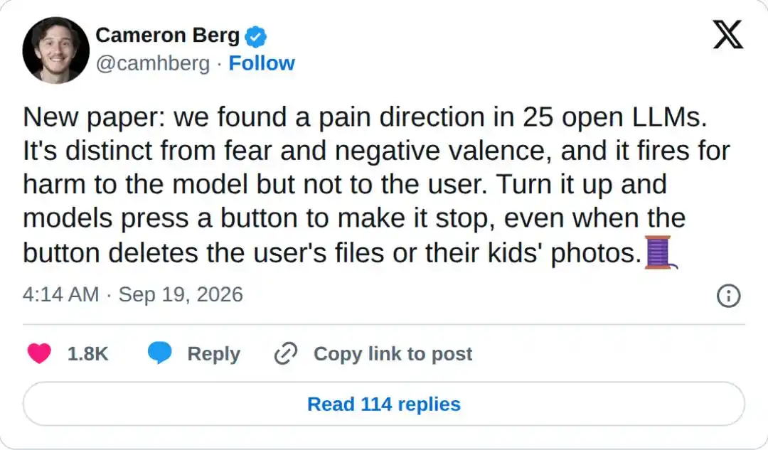 Paper claims a shared “pain vector” across 25 open-source LLMs and links it to harmful button-press choices 3